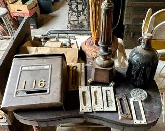 Vintage Wooden Vanity, Vintage Metal Mailbox & Mail Slots, Vintage Metal & Wood Fold Up Chairs, Vintage Table Lamp, Glass Jug