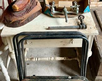 Vintage Wooden Table, TV Trays, Wooden Sculpture, Antique Faucet
