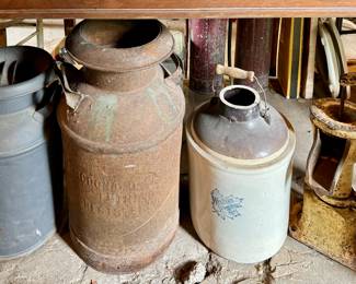 Milk Cans, Large Crock w/ Wooden Handle, Cast Iron Water Pump