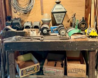 Bench Vise, Grinder, Vintage Lights, Wooden Crates, Railroad Rail, Plus +