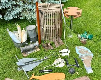 Boat and Nautical Themed Items - Wooden Crab Trap, Oars, Anchors, Bumpers, a Rudder, a Stern Light, Poles, and More