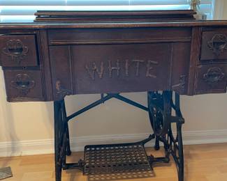 Antique White Brand Treadle Sewing Machine 