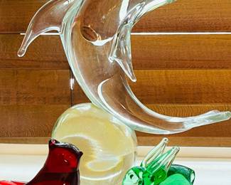 Murano glass dolphin sculpture and other vintage glass figurines 
