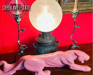 Haeger pink panther in pristine condition. Atomic globe on kerosene lamp. 