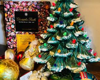Vintage ceramic Christmas tree and Christopher Radko ornaments + autographed book 
