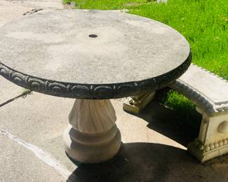 2 cement patio tables and benches 
