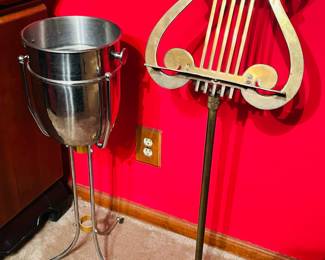 Vintage chrome ice bucket and vintage brass music stand 