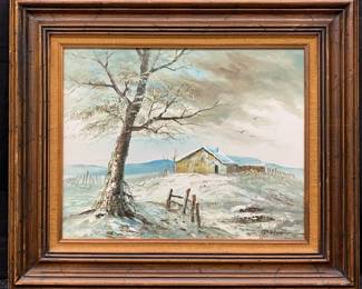 CT449Winter Barn painting, signed