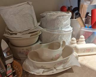 We have the entire set of Pfaltzgraff cups, saucers, plates , salad plates, pie dishes, butter dish ,salt and pepper, sugar, creamer , platters and much much more!!