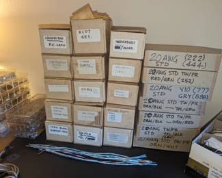 Electrical engineer? Or maybe a hobby. This is a collection of electrical components, well organized and labeled. Some of the items include hookup wires, indicators, connectors, cable, plugs, fuse holders, switches, terminal strips, wiring, solder accessories etc. See photos for more items or call BFF with any questions.