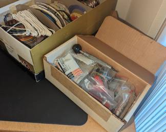 Electrical engineer? Or maybe a hobby. This is a collection of electrical components, well organized and labeled. Some of the items include hookup wires, indicators, connectors, cable, plugs, fuse holders, switches, terminal strips, wiring, solder accessories etc. See photos for more items or call BFF with any questions.