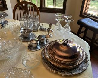 More silver plate, metal & glass collectibles, with set of wine glasses