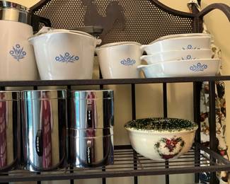 Baker’s Rack- Corning ware with lids, Canisters, Bowl