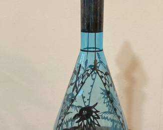 Vintage Blue Bohemian Czech Glass Decanter with Silver Overlay Dragon Design 18”
