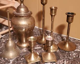 Lot of Brass Items-urn, bell, candle sticks
