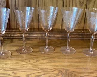 Vintage Pink Etched Depression Glass Stemware Lot of 7 - 7”
