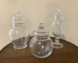 Lot of 3 Clear Glass Apothecary Jars, One with Floral Etching
