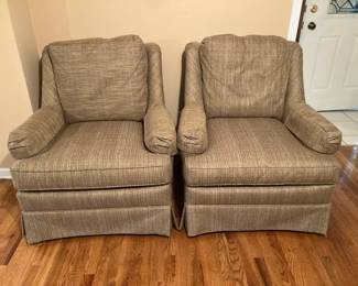 Two Matching Sherril Furniture Tan Armchairs with Threads of Red & Blue
