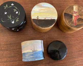 Lot of Four Hand Painted Trinket Boxes and Stamp Dispenser
