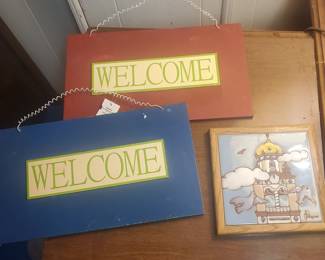 2 Wood "Welcome" Signs and Hanging Painted Tile by Carolyn Payne 
