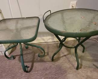 2 Green Metal and Glass-Top Tables, 18"x18"x16.5" and 22dx18.5"h

