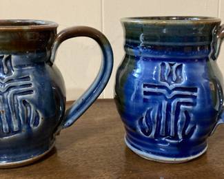 Hand Thrown Artist Signed Stoneware Pottery Mugs w/Crosses
