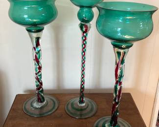 Tall Hand Blown Green & Red Candle Holders Made in Poland

