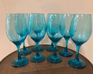 Lot of 8 Blue Hand Blown Glass Wine Glasses
