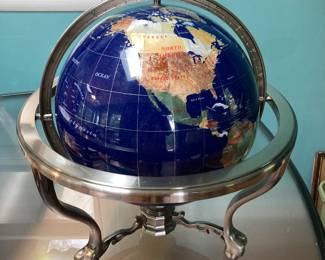 19” Blue Lapis Semi-Precious Gemstone World Globe w/Compass and Tripod Swivel Stand
