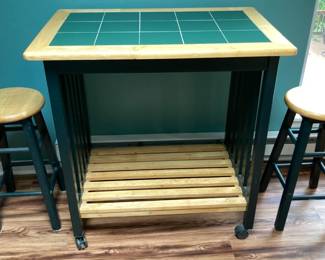 Tile Top Rolling Table with Two Stools 3’x3’x2’
