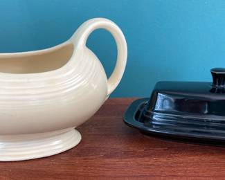 Vintage Fiesta Ware Cream Color Gravy Boat and Black Butter Dish
