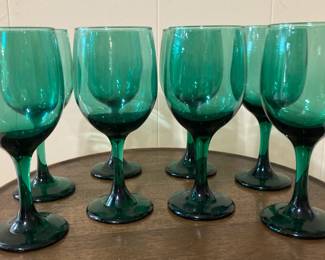 Lot of 8 Green Hand Blown Glass Wine Glasses
