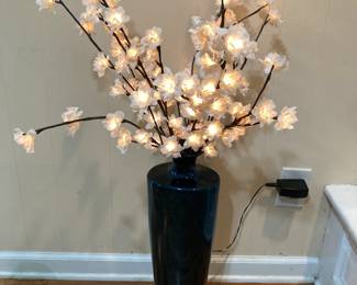 Tall Metallic Blue Ceramic Vase with Lighted Flowers 39”
