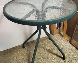 Green Metal Glass Top Table, 27"dx27"h 
