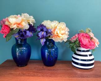 Two Cobalt Glass Vases and a Ceramic Striped Vase w/Faux Flowers
