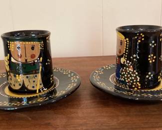 Hand Made Swiss Art Pottery Teacups and Saucers Signed by Artist
