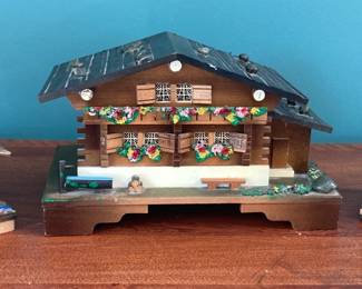 Vintage Swiss Cuendet Small Music Box; Large Swiss Music Box and Toggili Thermometer
