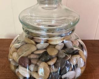 Large Glass Lidded Jar with Polished River Rocks 10x9
