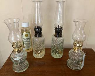 Lot of 4 Mini Oil Lamps and Oil 8” and 10”
