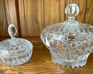 Two Heavy Cut Crystal Lidded Candy and Serving Bowls (no spoon) - 7” & 9”
