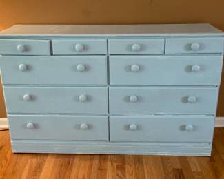 Vintage Baby Blue Wood 10 Drawer Dresser 52.5”w x 32”h x 13”d

