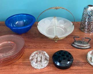 Lot of Vintage Items: Pink Saucers, Blue Bowl, Divided Bowl w/Handle, Flower Frogs, Lotion Bottle Cover, Yellow Dish, Magnifier and Mini Iron
