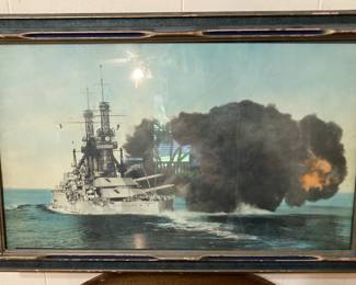 Vintage Framed Print of USS Arizona Under Black Smoke 22.5 x 14.5
