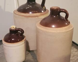 3 Stoneware Jugs, 7"h to 11"h
