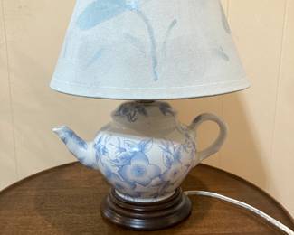 Small Blue and White Ceramic Teapot Lamp 7.5”
