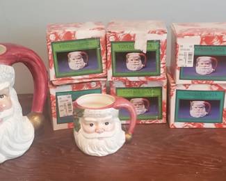 Lot of 8 "Vintage Santa" Omnibus Ceramic Mugs and Pitcher
