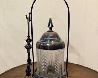 James W Tufts Silverplate and Glass Pickle Castor with Tongs #2361
