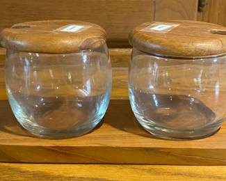 Sugar, Creamer Jars with Wood Base and Lids- 3 in
