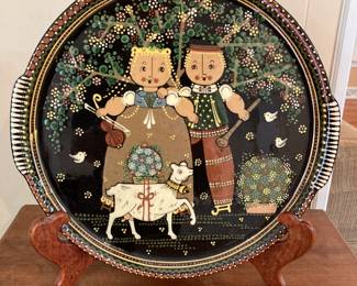 Hand Made Swiss Art Pottery Young Couple Plate 12” Signed by W. Aebi Hesle - plate holder not included
