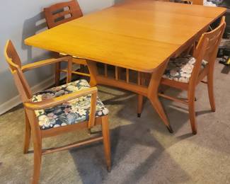 MCM Haywood Wakefield Style Maple Drop Leaf Table, 3 Dining Chairs/ 1 Captain Chair- 63"wx40"x29.5"h (30"w dropped) 
